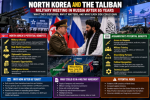 AI-generated conceptual illustration of North Korean and Taliban military representatives meeting in Russia, with hypothetical benefits and risks; not a photograph or verified agreement
