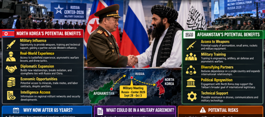 AI-generated conceptual illustration of North Korean and Taliban military representatives meeting in Russia, with hypothetical benefits and risks; not a photograph or verified agreement