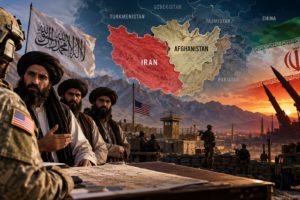 AI-generated fictional scene of American and Taliban representatives against map of Afghanistan and Iran; no real meeting or military agreement is depicted