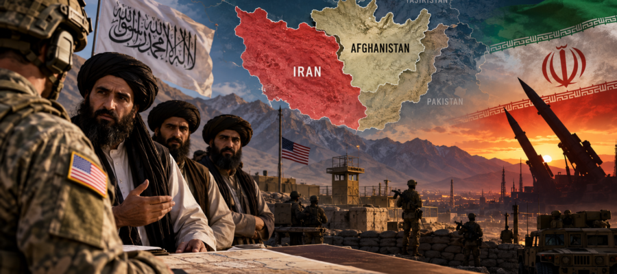 AI-generated fictional scene of American and Taliban representatives against map of Afghanistan and Iran; no real meeting or military agreement is depicted