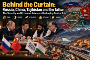 AI-generated conceptual montage of leaders associated with Russia, China, Tajikistan and Afghanistan; no actual meeting is depicted