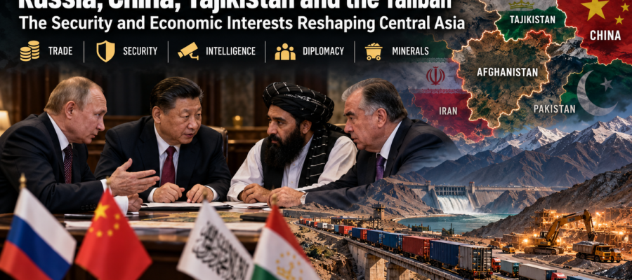 AI-generated conceptual montage of leaders associated with Russia, China, Tajikistan and Afghanistan; no actual meeting is depicted