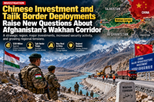 AI-generated editorial composite showing conceptual Wakhan landscape, Tajik border personnel, construction and regional map; not documentary evidence of actual troops or investments