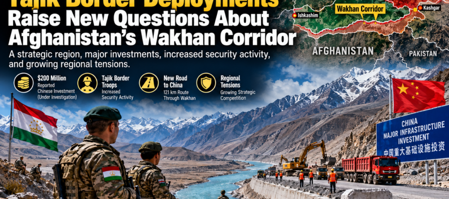 AI-generated editorial composite showing conceptual Wakhan landscape, Tajik border personnel, construction and regional map; not documentary evidence of actual troops or investments