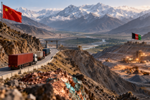 AI-generated conceptual illustration of a mountain trade corridor, freight trucks and mining between China and Afghanistan; not a photograph of an operating crossing