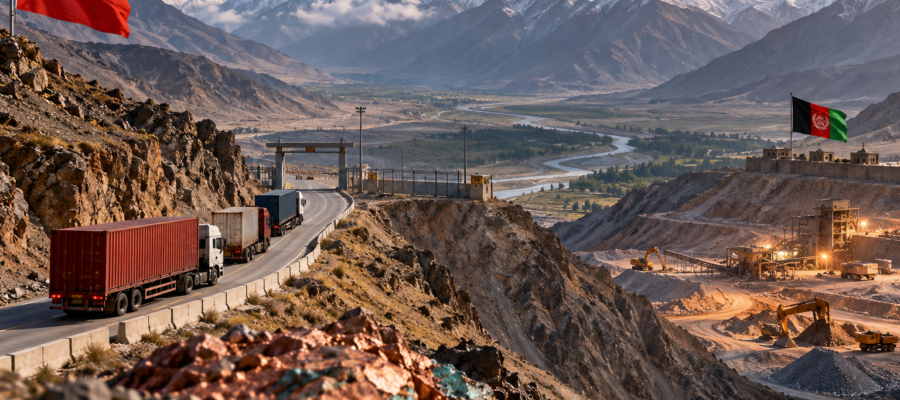 AI-generated conceptual illustration of a mountain trade corridor, freight trucks and mining between China and Afghanistan; not a photograph of an operating crossing